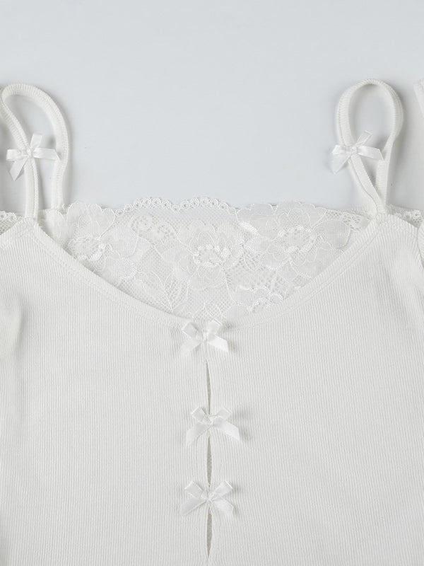 White Lace Stitching Bow Cutout Long Sleeve Knits