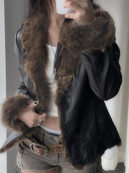 Black American Style Fur Collar Patchwork Leather Jacket