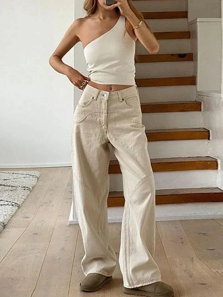 White Vintage Straight Leg Baggy Boyfriend Jeans with Splice