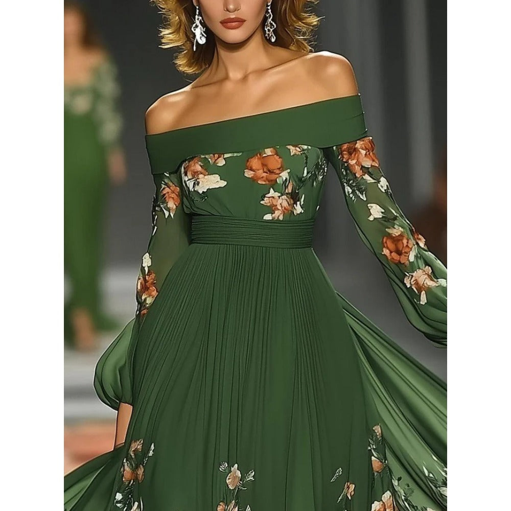 Green Floral Off Shoulder Maxi Dress with Long Sleeves for Women - Renata