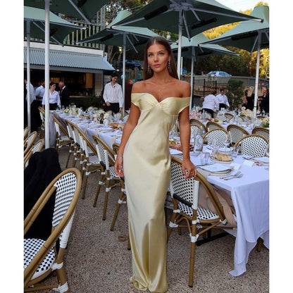 Off-Shoulder Satin Maxi Dress with Side Slit for Women - Aurora