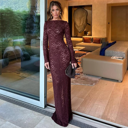 Burgundy Lace Long Sleeve Maxi Dress for Women - Miriam