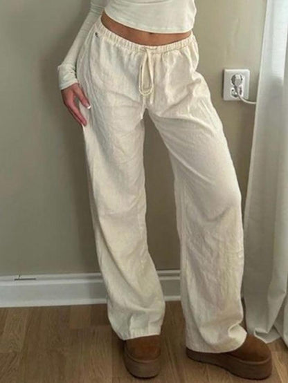 White Classic Drawstring Straight Leg Pants