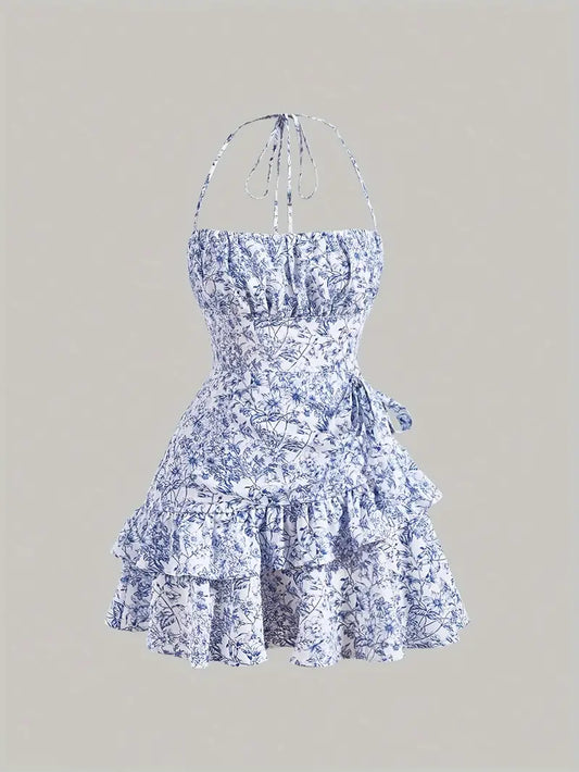 Blue French Floral Print Layered Ruffle Hem Halter Dress