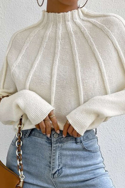 Solid Color Mock Neck Textured Batwing Sleeve Sweater