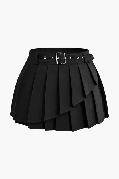 Solid Color Y2K Buckle Layer Pleated Mini Skirt