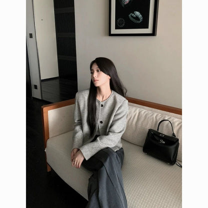 Grey Button Front Cropped Blazer Jacket for Women - Silvia