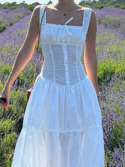 Vestido midi ajustado en capas con pliegues franceses en blanco y cordones