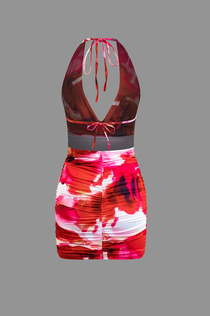 Crimson Vintage Tie Dye Halter V Neck Backless Mini Dress