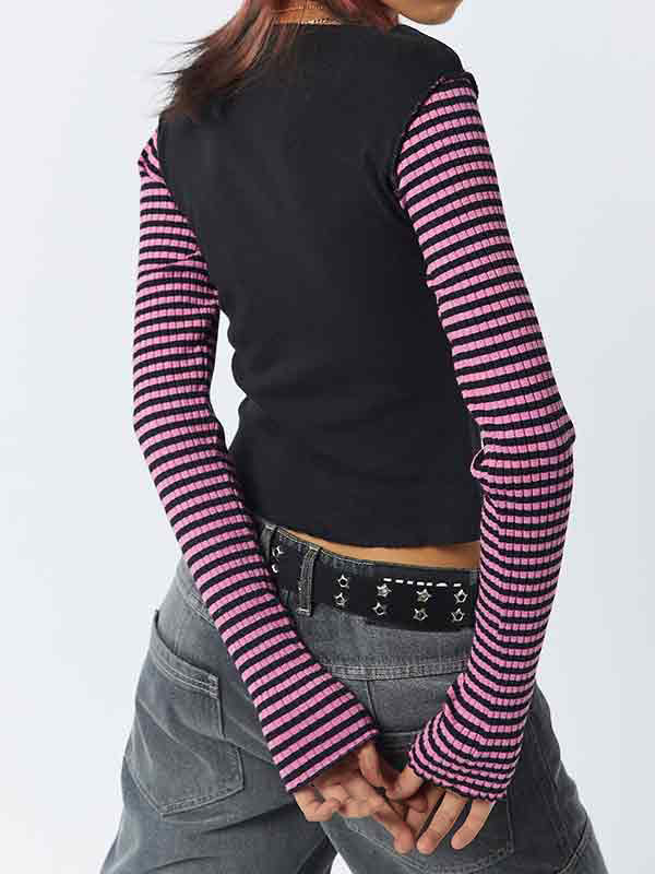 Y2k Striped Star Print Patchwork Slim Long Sleeve Tee