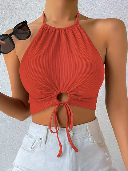 Camiseta sin mangas con cuello halter, espalda descubierta y lazo en forma de aro en color rojo Y2K 