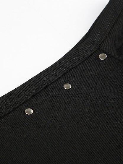 Black Y2k One Shoulder Rivet Long Sleeve Tee