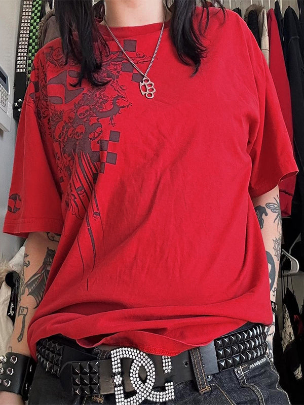 Camiseta de manga corta con estampado de calaveras de gran tamaño Red Hip Pop