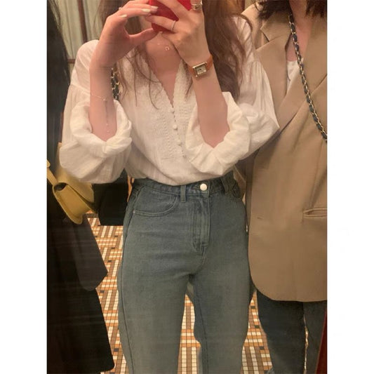 White Long Sleeve V Neck Blouse for Women - Marina