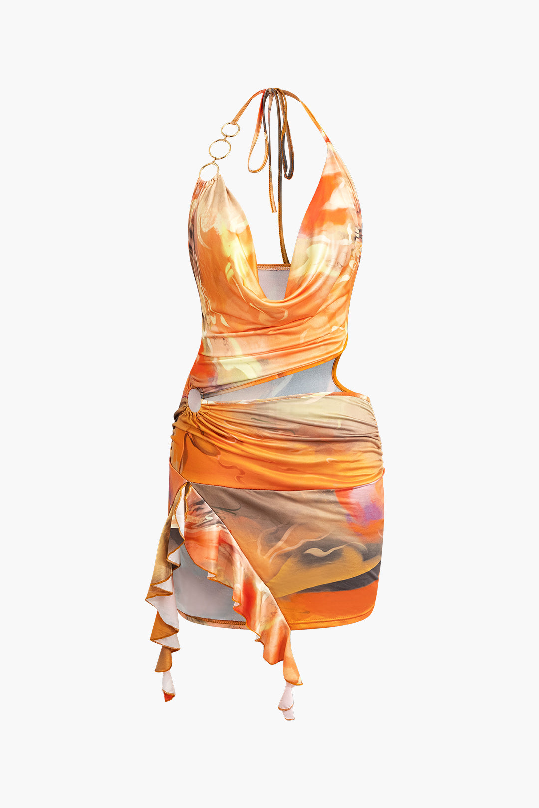 Vintage Abstract Print Halter Cowl Neck Slit Mini Dress with Tie Up