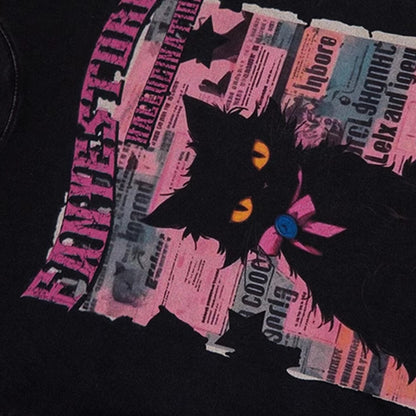 Camiseta de manga corta con estampado de gato Y2k en color de contraste