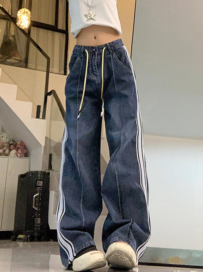 Washed Splice Piping Detail Drawstring Boyfriend Jeans