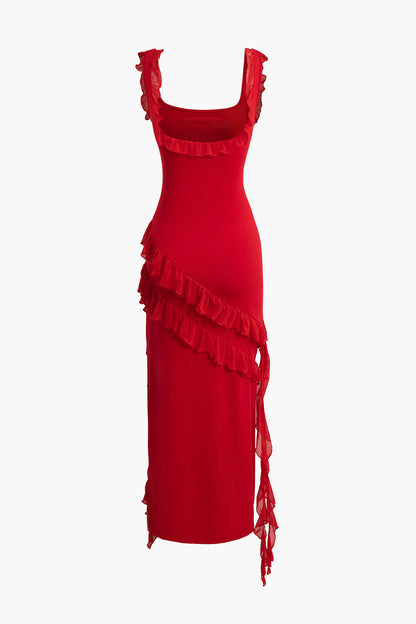 Solid Color Ruffle Trim Slit Sleeveless Maxi Dress