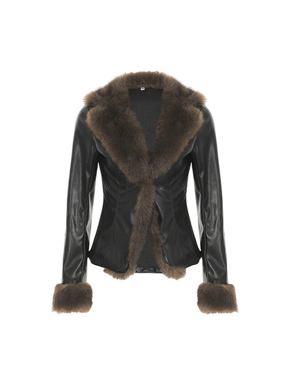 Black American Style Fur Collar Patchwork Leather Jacket