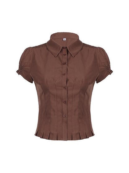 Brown Vintage Slim Fit Pleated Short Sleeve Shirt