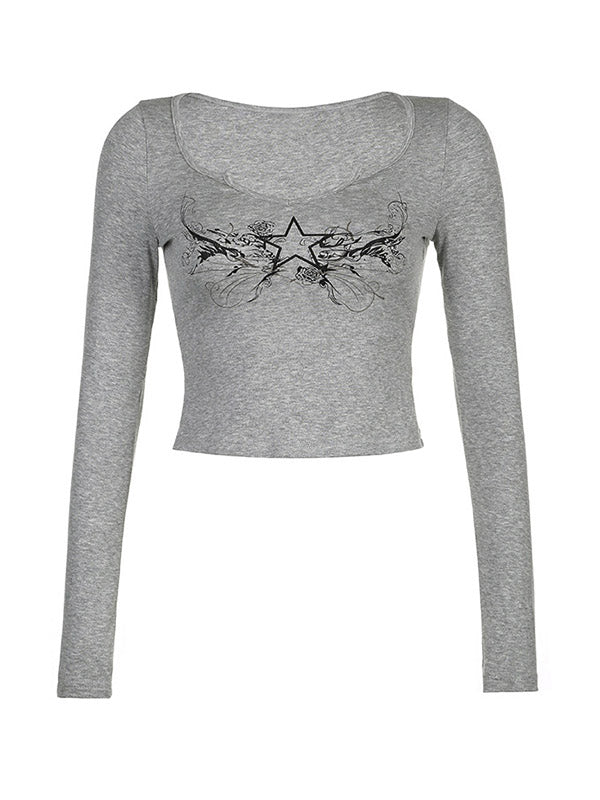 Grey Vintage Low Cut Cropped Long Sleeve Top with Star Print