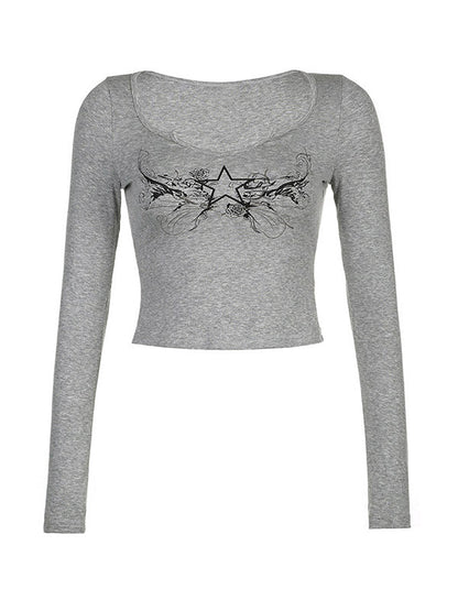 Grey Vintage Low Cut Cropped Long Sleeve Top with Star Print