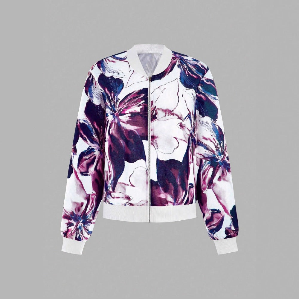 Floral Print Bomber Jacket with Zipper for Women - Lucia