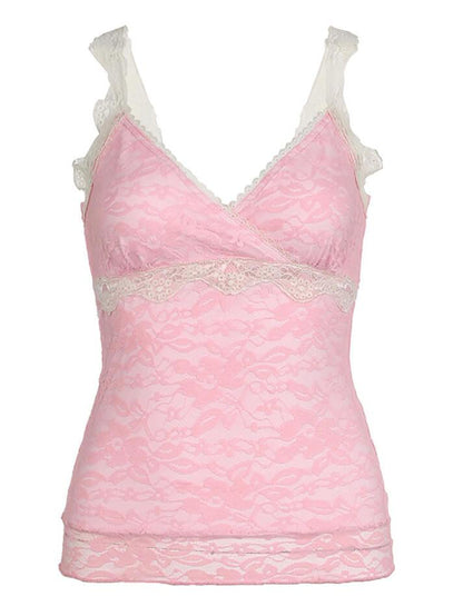 Pink Sweet Lace V Neck Tank Top