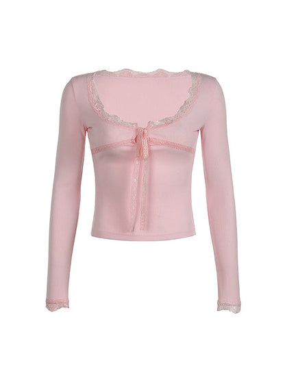 Pink Y2K Lace Patchwork Tie Up Long Sleeve Top with U Neck