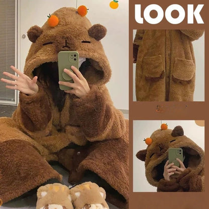 Brown Fleece Hooded Dressing Gown with Animal Ears for Women - Paola