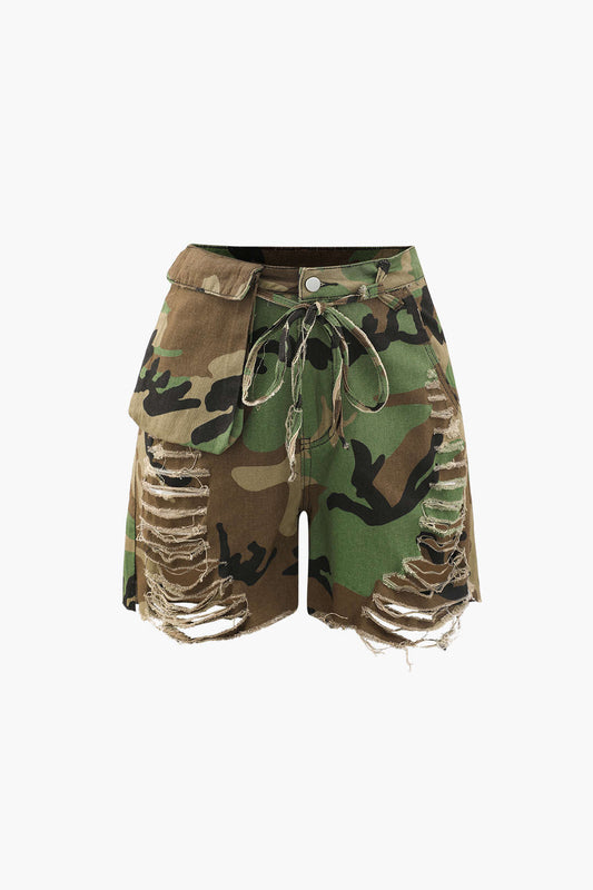 Retro Camo Destroyed Tie Up Cargo Shorts