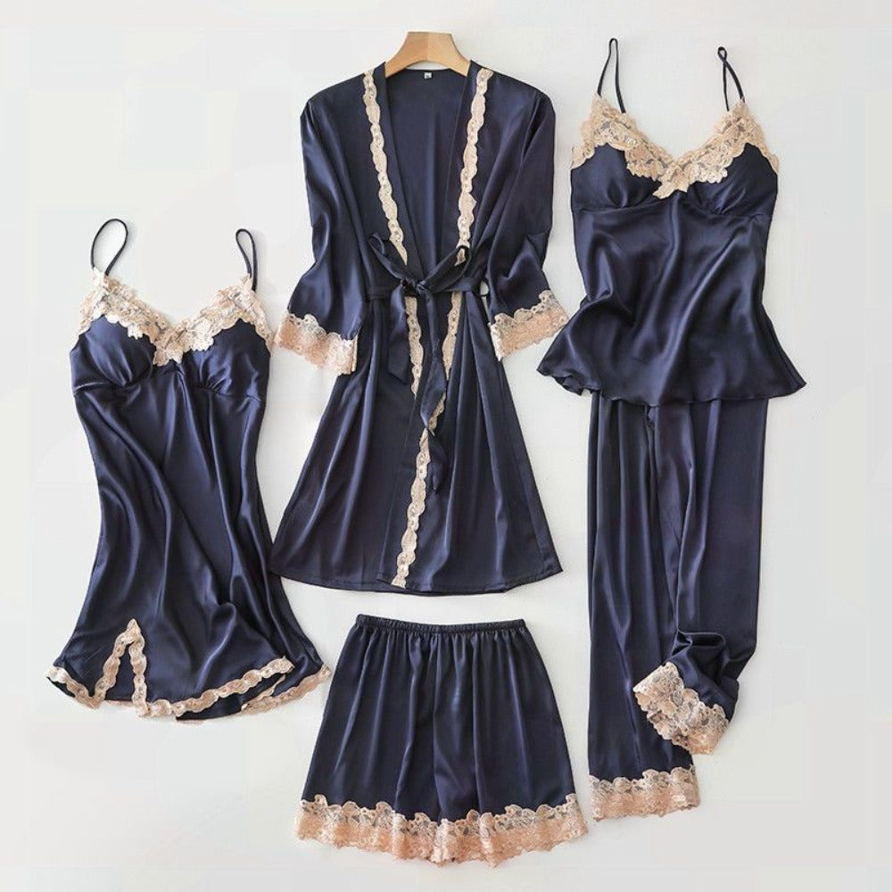 Satin Sleepwear Set with Lace Trim for Women - Marusca
