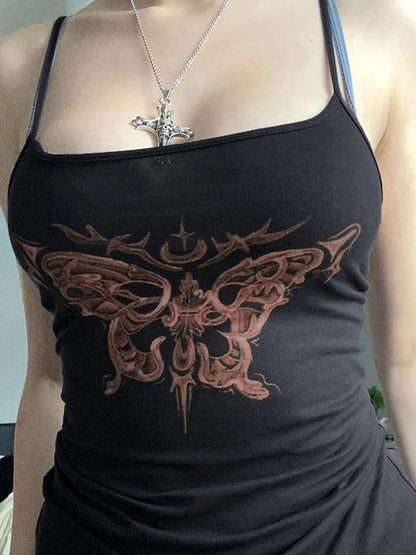 Black Y2K Butterfly Print Slim Fit Black Cami Top