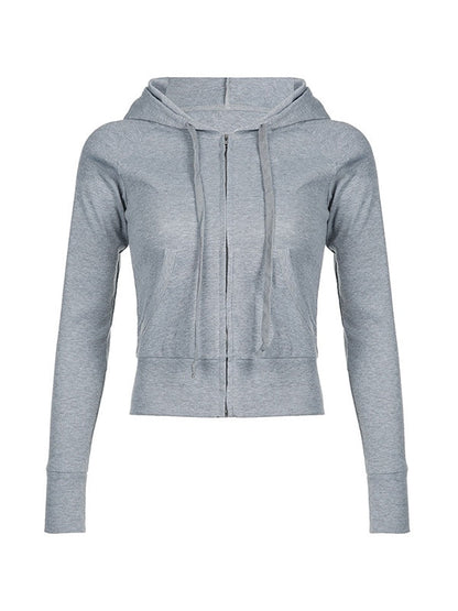 Grey Vintage Ribbed Zip Up Drawstring Long Sleeve Hoodie