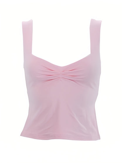 Macaron Colored Pleated Sleeveless Crop Tank Top with Side Slits