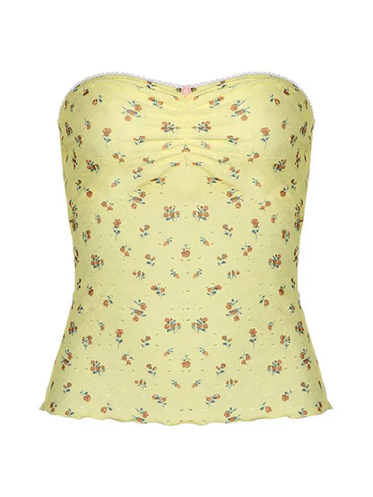 Yellow French Floral Print Ruffled Strapless Top