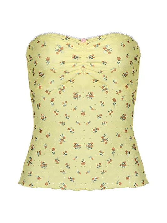 Yellow French Floral Print Ruffled Strapless Top