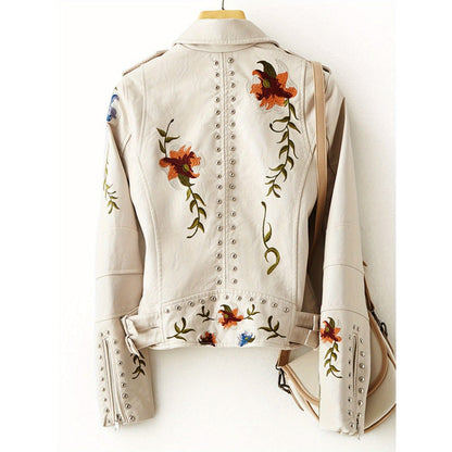 Beige Faux Leather Jacket with Floral Embroidery for Women - Lucrezia