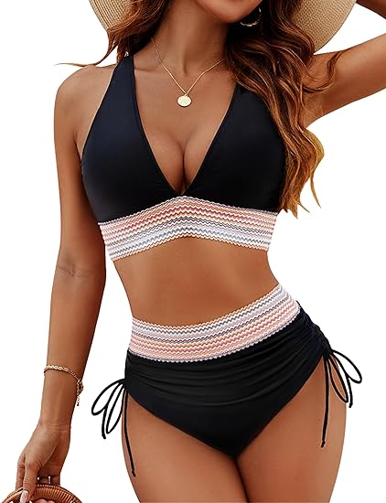 Women's Two-Piece Color Block Pattern Bikini Set | With High Waist