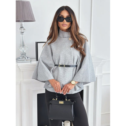 Belted Cape Coat with Wide Sleeves for Women - Zita