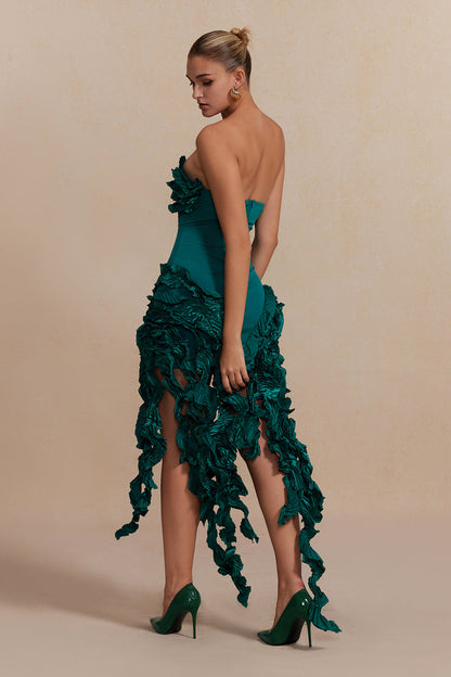 Solid Color Ruffled Fringe Strapless Midi Dress