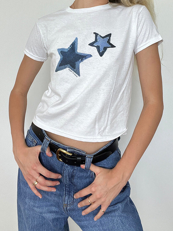 White Y2K Star Print Short Sleeve Tee