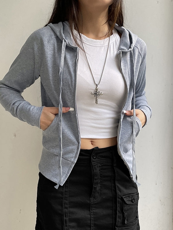 Grey Vintage Ribbed Zip Up Drawstring Long Sleeve Hoodie