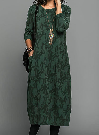 Women's Floral Round Neck Midi Dress | with Long Sleeves