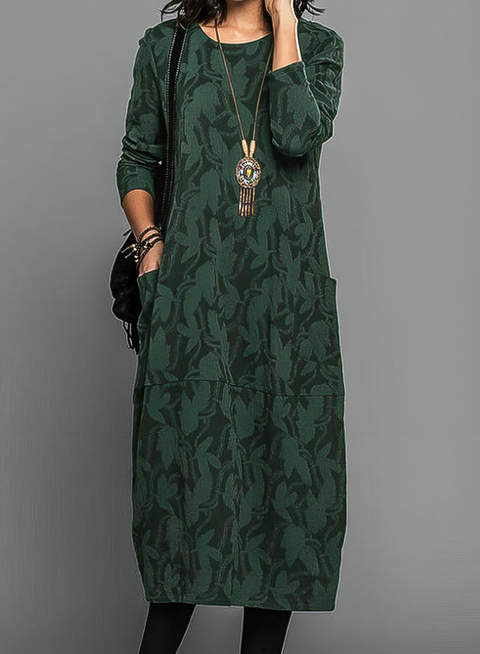 Women's Floral Round Neck Midi Dress | with Long Sleeves
