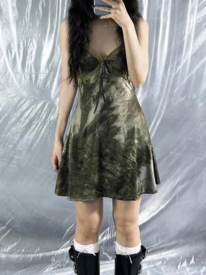 Vintage Lace Splicing Tie Dye Bust Tie Mini Dress