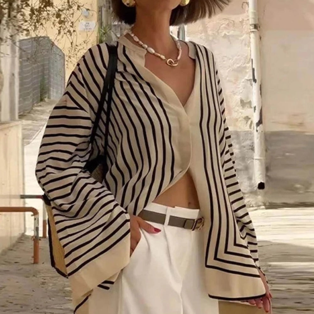 Beige Black Striped Long Sleeve Button Down Shirt for Women - Edvige