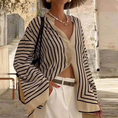 Beige Black Striped Long Sleeve Button Down Shirt for Women - Edvige