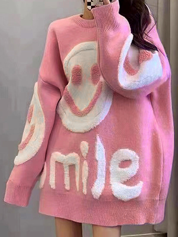 Solid Color Y2k Smile Print Thicken Loose Sweater