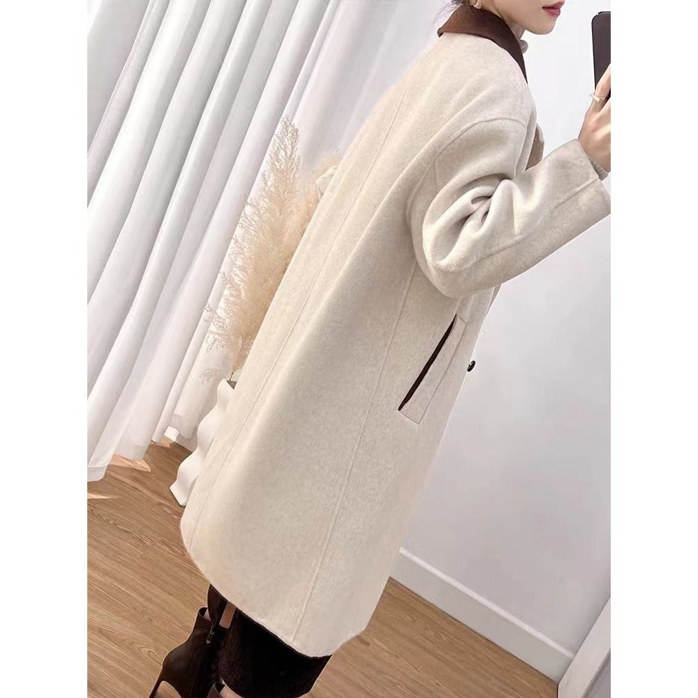 Beige Wool Blend Long Coat with Brown Collar for Women - Ambra